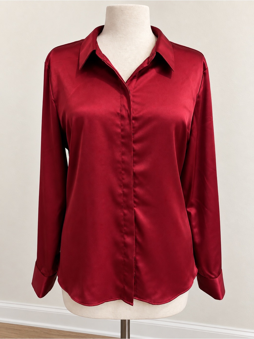 Women’s Satin Button-Front Blouse - Red
